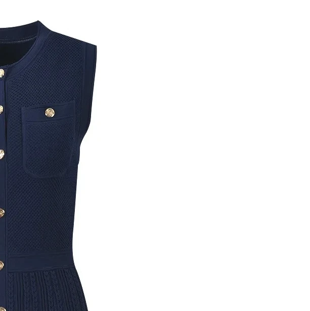 

Dark Blue Hollow Vest Dress Slim Long Single-breasted Knitted Party Skirt Women 2025 Spring New