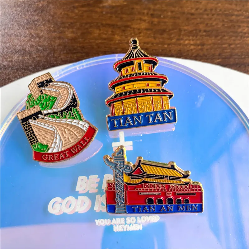 Fashion Tian An Men Great Wall Brooches Cute Chinese Beijing Souvenirs Enamel Lapel Badge Pins Jewelry Gifts For Women Girls