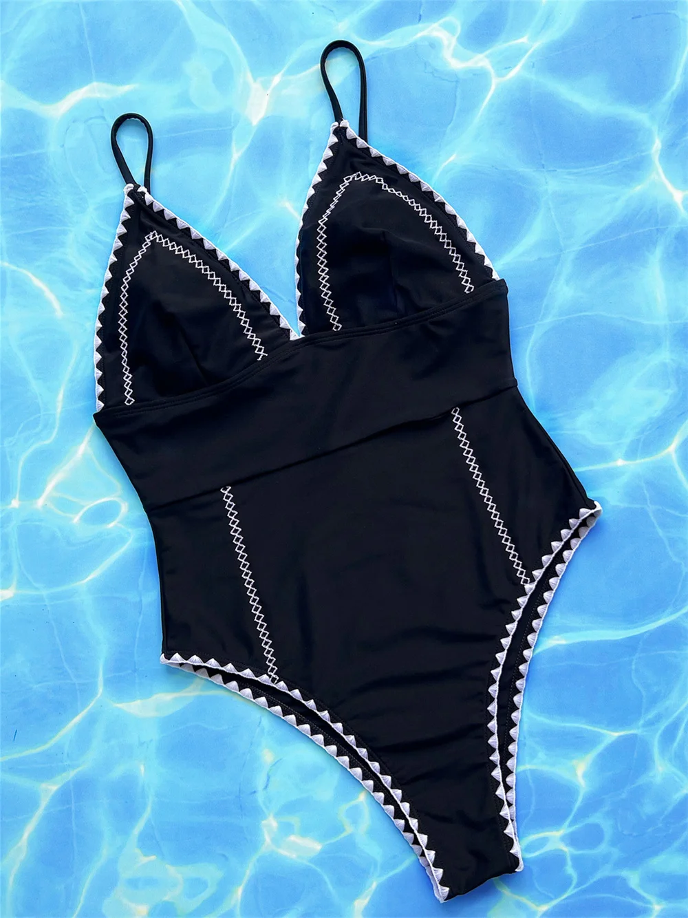 

Scalloped Border Bikini Black Sling Swimsuit Backless Monokini Women High Waist Push Up Vacation Swimwear Beachwear Bathing Suit
