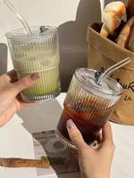 1pc, Vertical Striped Glass Cup, Iced Coffee Cup, Vintage Transparent Water Tea Milk Juice Mugs Cup, Wine Glasses For Cocktail,