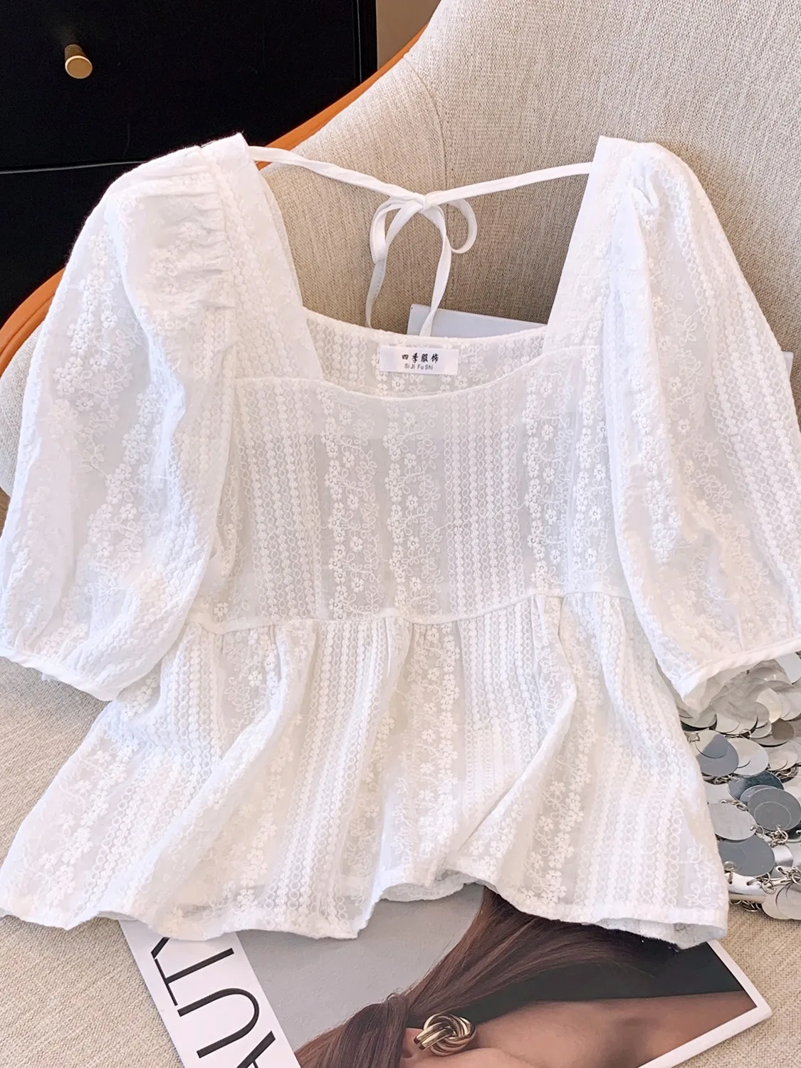 

Summer ort Sve Lace Bubble Sve irt Women's Design Belly Covering Doll irt Korean Sle Straight Cut Polyester Fiber