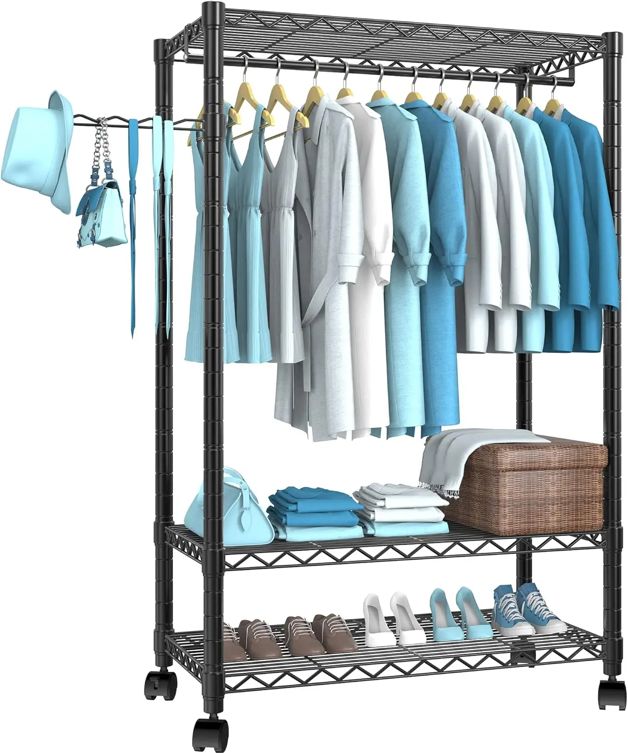 Heavy Duty Clothing Garment Rack, Freestanding Clothing Rack, Portable Closet Wardrobe With 3 Adjustable Wire Shelves 1 Side