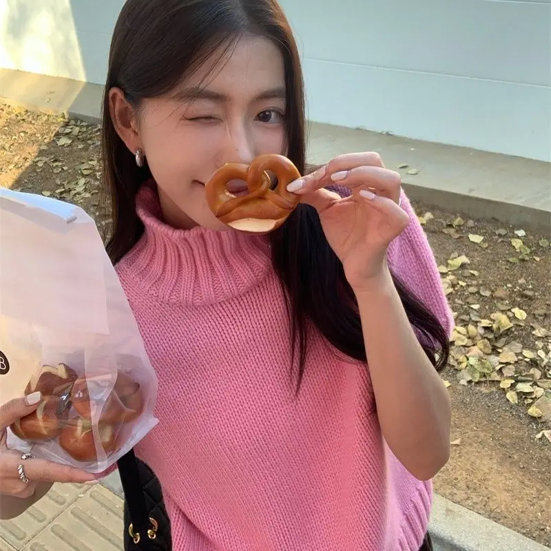 2025 automne et hiver bulle col rond pull col haut couleur unie ample à manches courtes pull pour femme