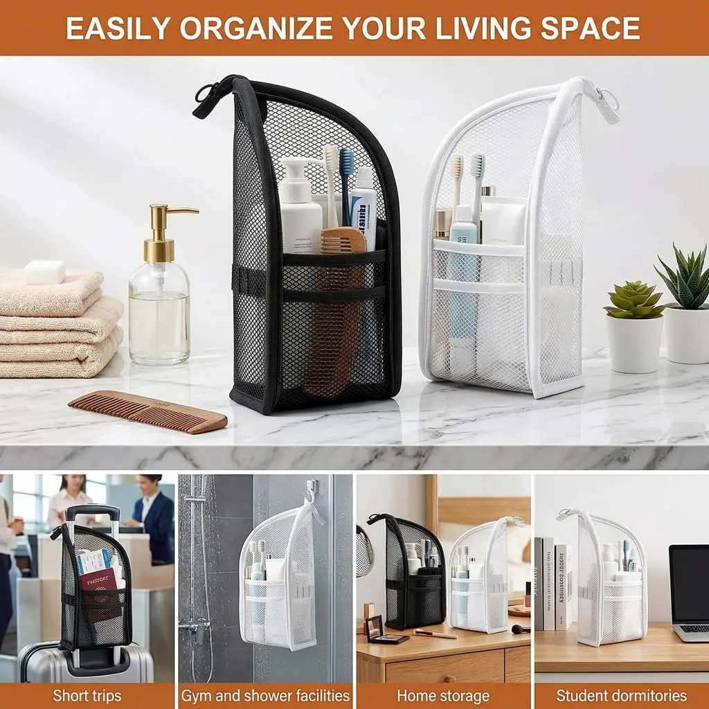 Vertical Hanging Toiletry Bag Foldable Travel Cosmetic Organizer Mesh Shower Caddy Portable Bathroom Storage Bag for Gym Dorm Sh