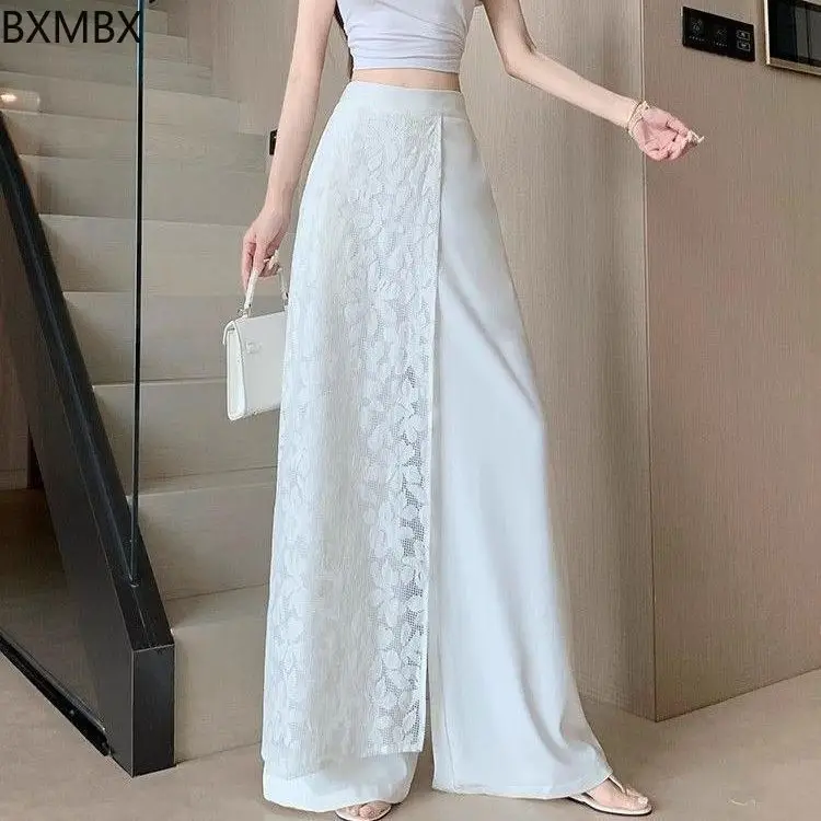 

Si Die Pet Wide Leg Pants: Lace Splicing High Waist Breathable Loose Design Summer Wide Leg Pants