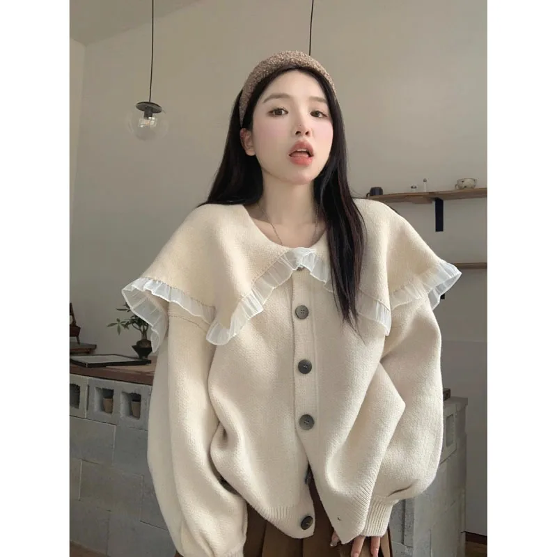 Korean Version Doll Collar Knit Cardigan Sweater Coat Women Casual Loose Cute Wind Soft Waxy Thicken 2023 Autumn New Inside Top