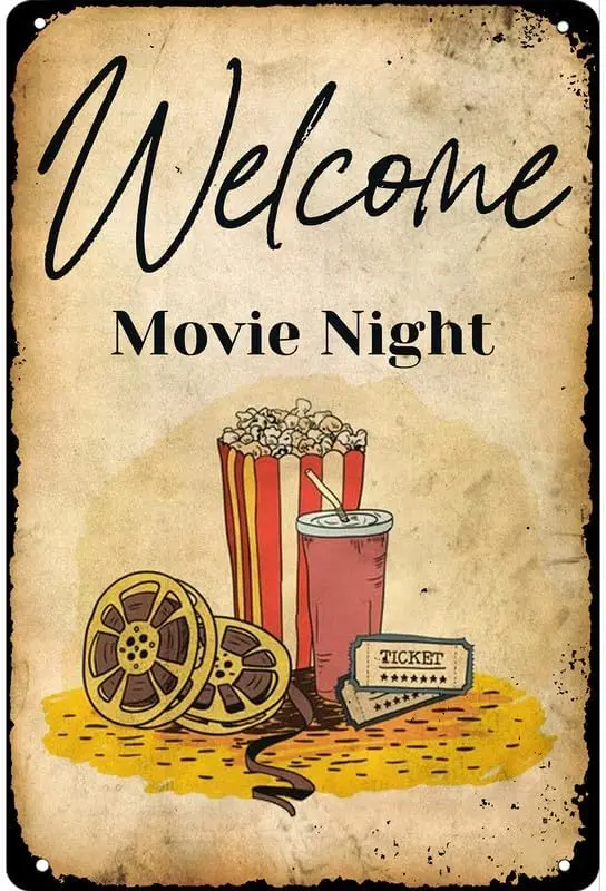 KanaAt Retro Movie Night Poster Tin Sign Popcorn Vintage Sign the Show Retro Movie Room Wall Decor 8x12 Inches, OWEM1-Q15