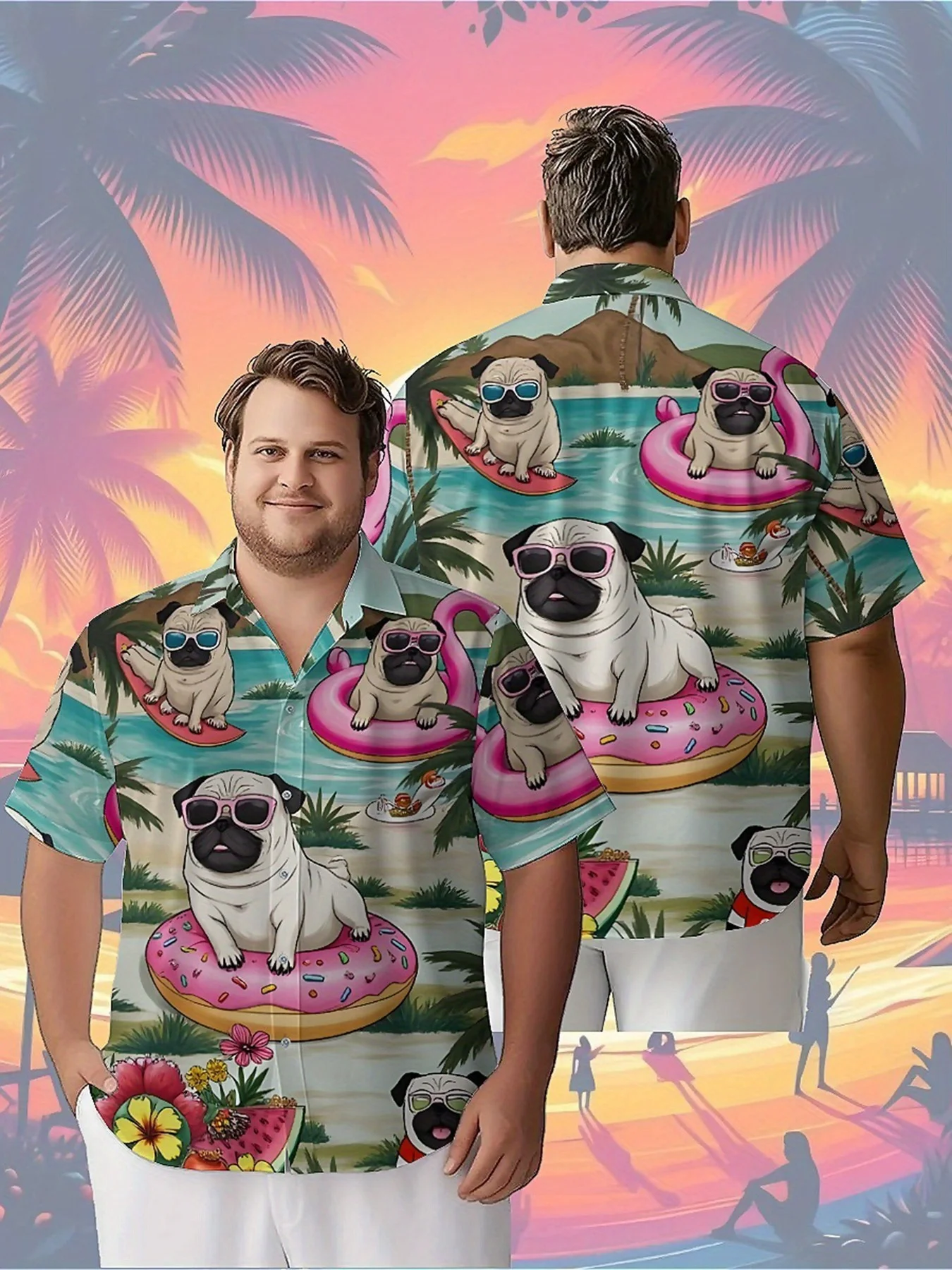 Men's Plus Size Hawaiian Shirts Pink Donuts and Flamingos Pattern,Premium Comfort Youth Clothes,Streetwear Tops