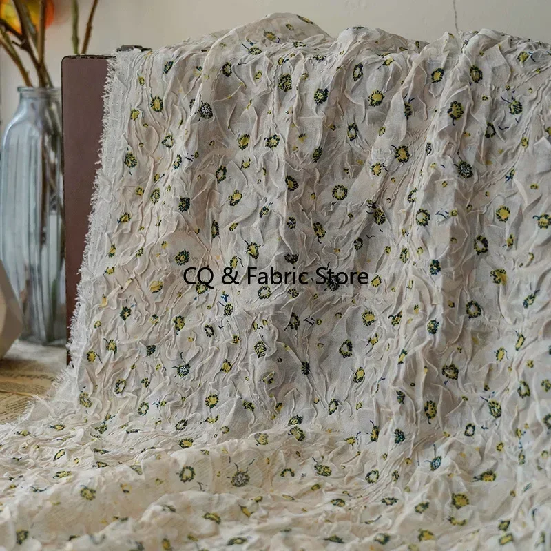 Pleated Printed Embossed Fabric For Women's Top Spring Summer Dress Clothing Fashion Designer DIY Fabric