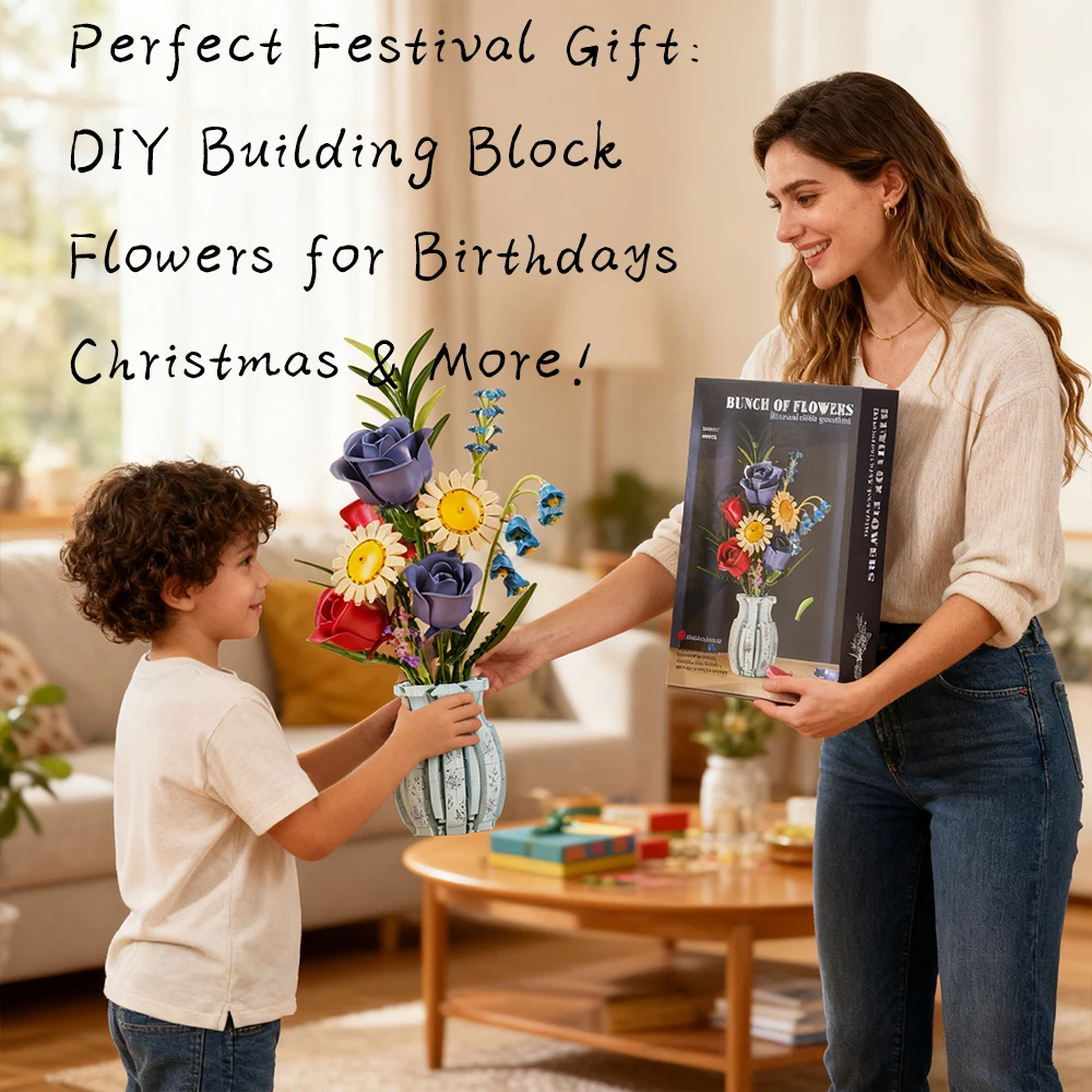 

Simulation Bouquet Building Blocks with vase and box Home Decoration Valentine's Day Birthday Gifts Kids DIY Flowers Model Toys