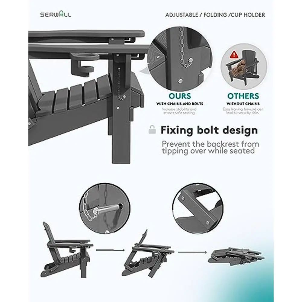 Draagbare opvouwbare Adirondack-stoel, set van 2, met ingebouwde bekerhouder en 3 verstelbare posities, zitplaatsen voor buitenterras voor alle weersomstandigheden
