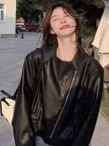 

Cool Black Leather Jacket Women's Loose Street Style American Wind Spring Unique Beautiful Top Pure Color Long Sleeve Coat