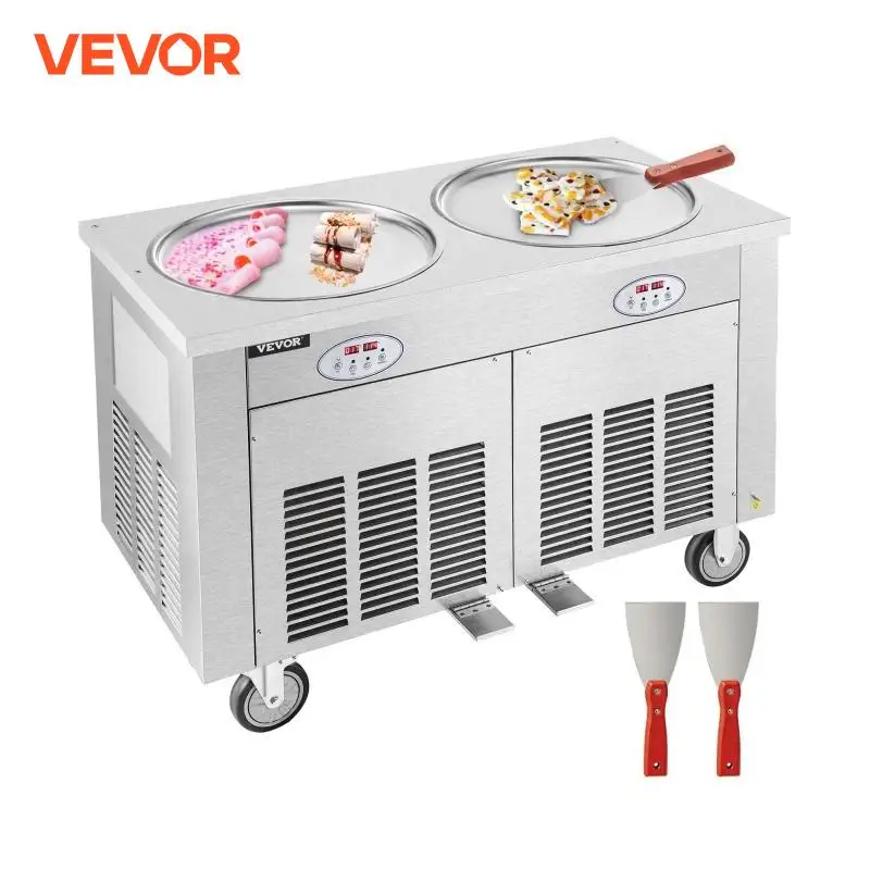 VEVOR 1800W Commercial Fried Ice Cream Roll Machine 45cm Double Pans Stainless Steel Moveable Ice Cream Porridge Yogurt Maker