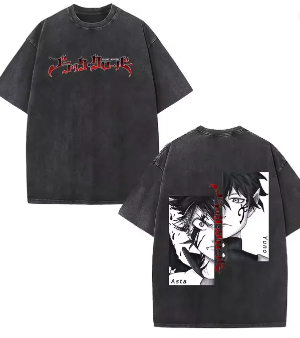 Black Clover Asta Yuno Yuno Vintage Washed Anime T-shirts Fashion Hip Hop T Cotton Short Sleeve T-shirt  Men's Women Clothing view 3