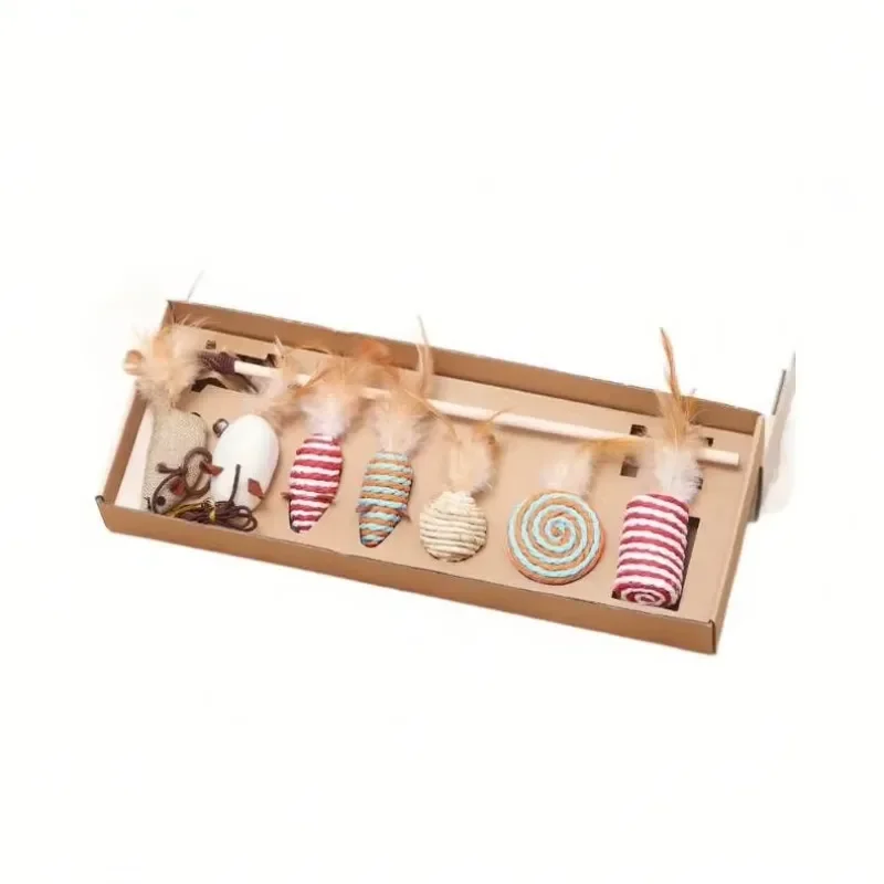 Custom Pet Toy Packaging Box Brown Kraft Paper Box Feather Teaser Cat  Interactive Cat Toy Set 7 Pcs Mouse Toy Gift Box