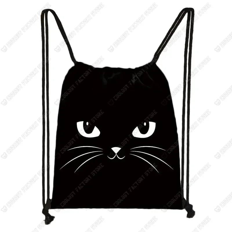 Cute  Black Cat Drawstring Bag Women Shopping Bags Canvas Travel Bag Fashion Storage Bags Teenager Girls Backpack