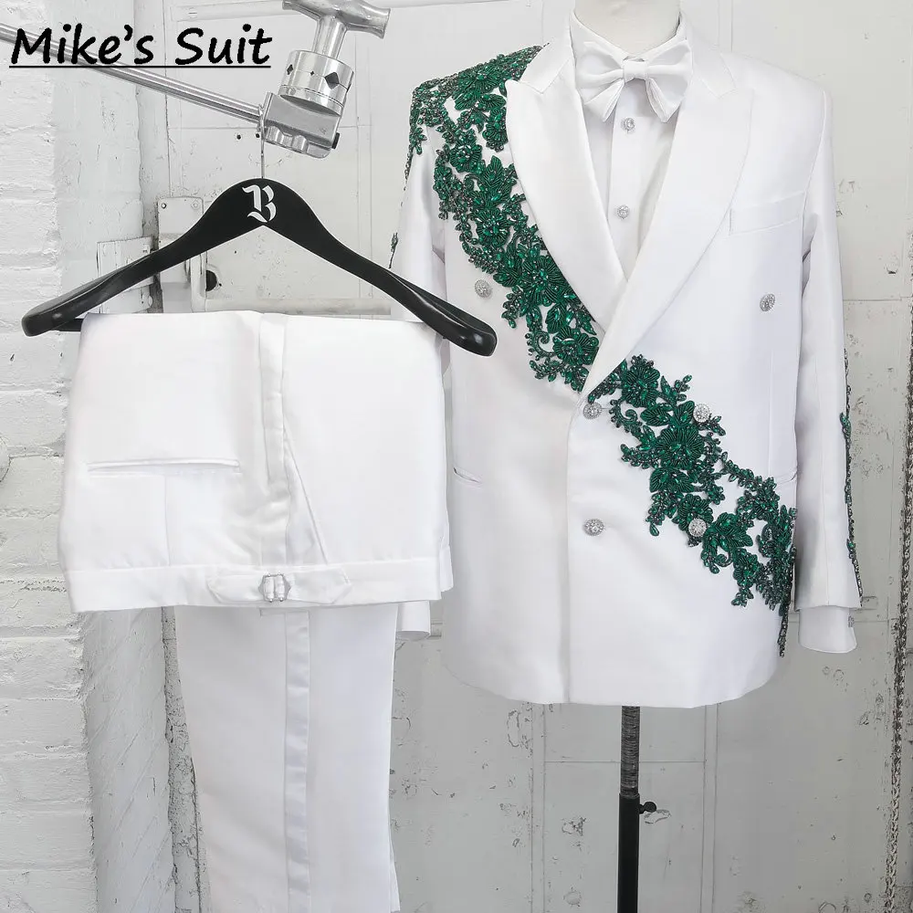 White Men's Suit 2-Pieces Jacket And Pants Business Green Appliques Beading Man Suits Set For Wedding Evening Party