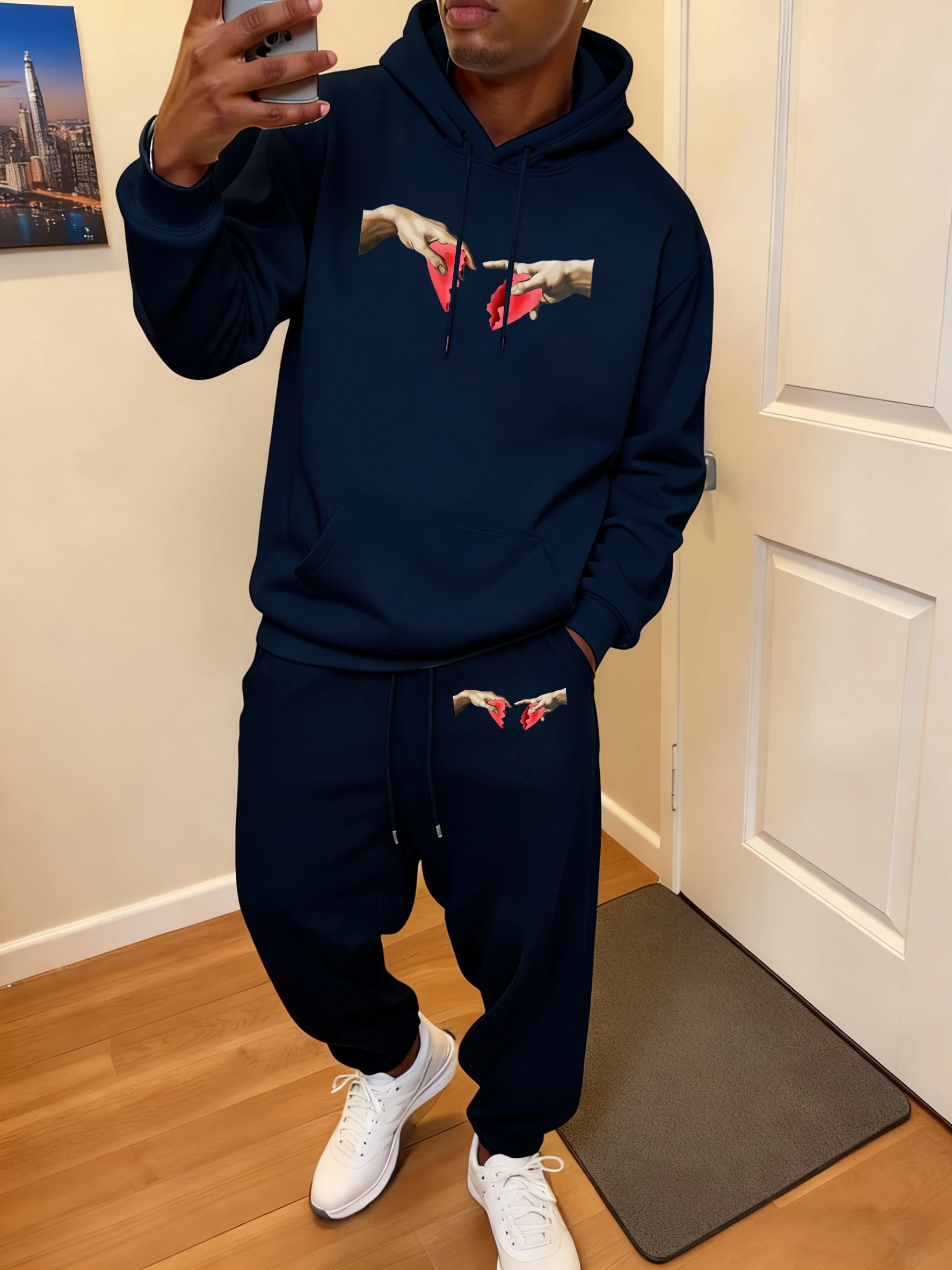 

Heart-Shaped Broken Into Two Pieces Hold In Hands Prints Men Fleece Pocket Hoodie Suit Sport Soft Pants Loose Casual Clothes