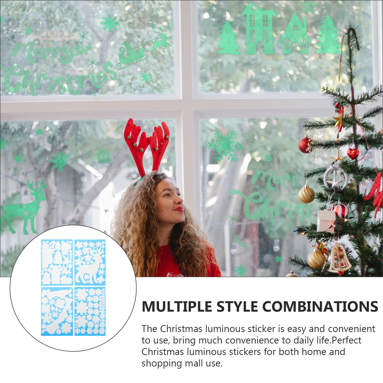 

4 Sheets Christmas Luminous Sticker Fluorescent Xmas Decals Glow in The Dark Xmas Pattern Decorative Wall Sticker Kids Room