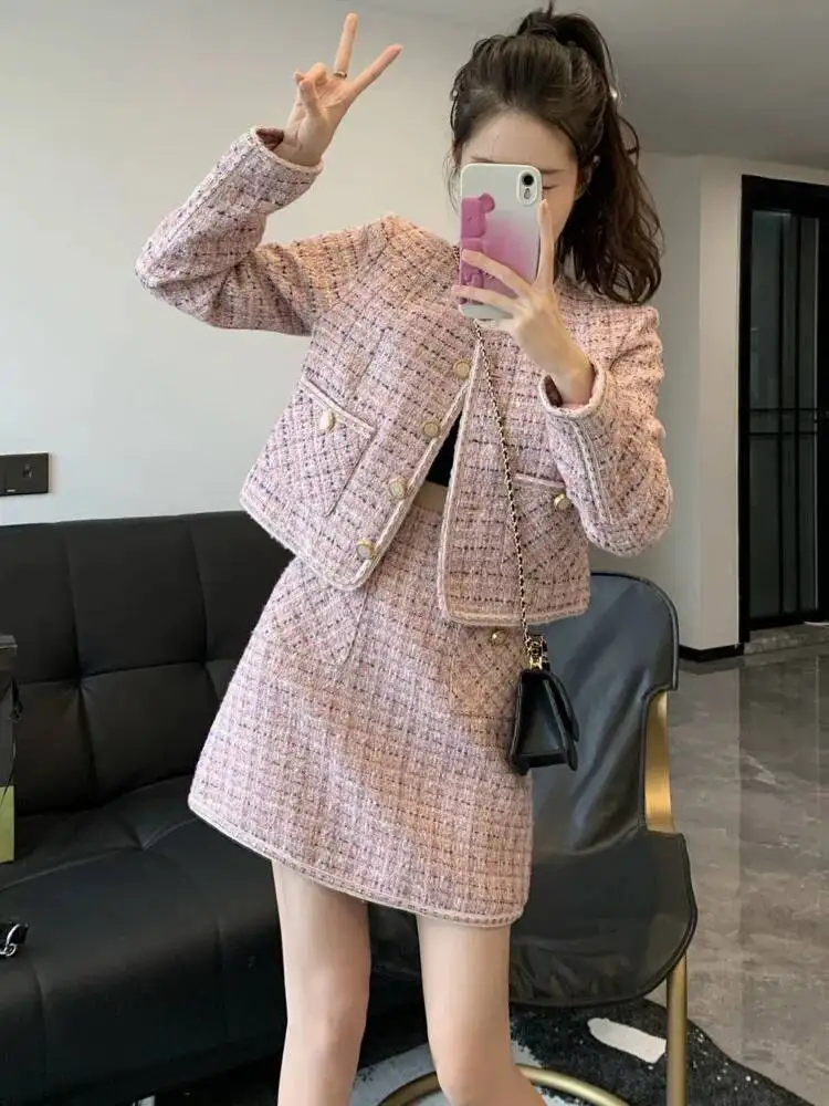 Small Fragrance Vintage Tweed Two Piece Set Women Crop Top Woolen Short Jacket Coat + Mini Skirts Sets Pink Two Piece Suits
