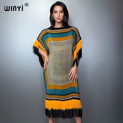 WINYI Summer Pleated Fringed dress Women crumple Design Loose boho robe holiday evening dress abaya dubai luxury birthday dress