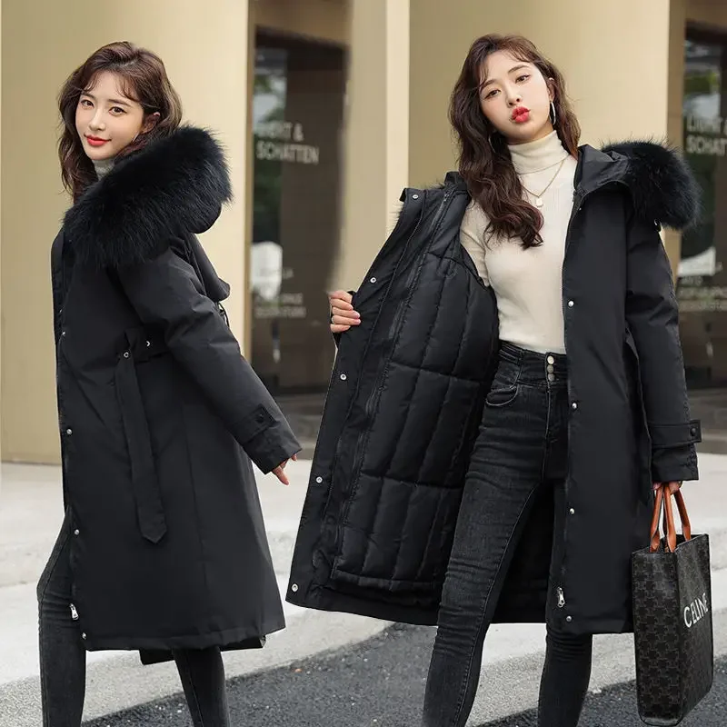 2025 New Winter Coat Down Padded Jacket Women Parkas Fur Collar Thick Hooded Cotton Coats Black Casual Outerwear Female Clothes