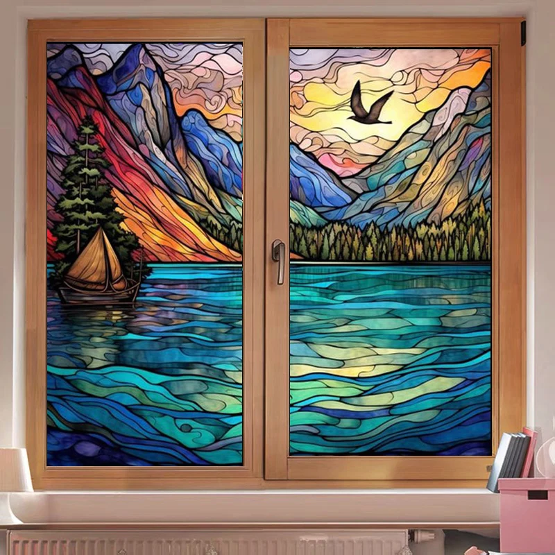 Custom size Glass Films,Stained Glass Stickers Static Cling,Frosted Privacy Print  Retro Vintage Scenery Window Door Home Decor