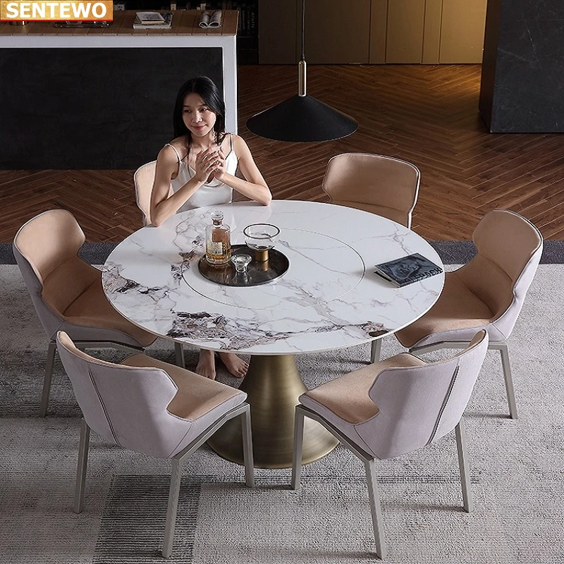 Designer Luxury round kitchen Marble Rock Slab dining table set 8 chairs mesa comedor furniture marbre Stainless steel gold base