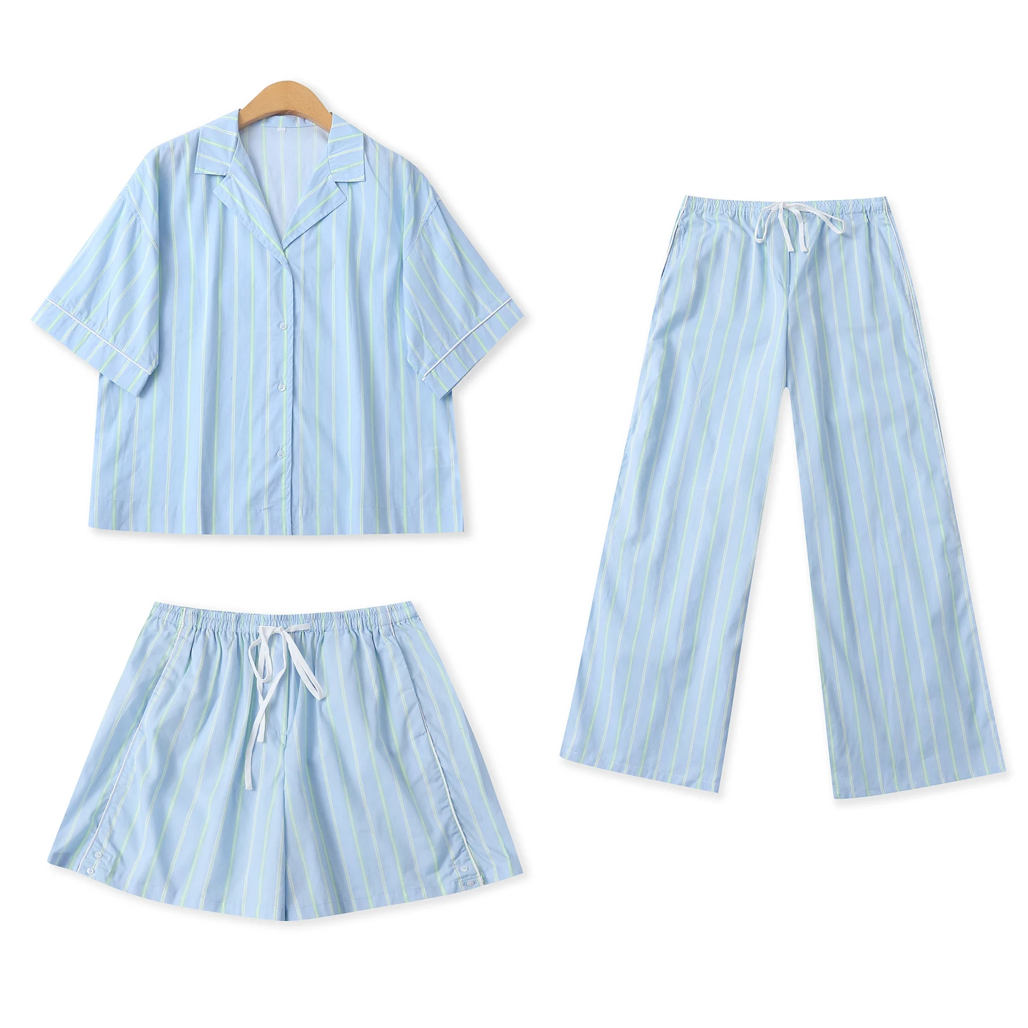 

Summer New Women's Cotton Home Clothes Set Elastic Waist Short Sleeve Striped Top Long Pants Comfortable Breathable Sleepwear