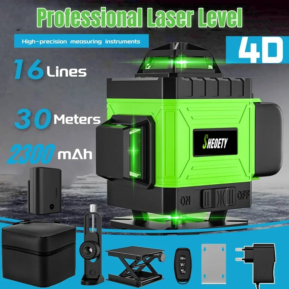 4D 16 Lines 360°Self-leveling Laser Level 2400mAh Battery Professional Laser Tool Horizontal Green Beam Professional Laser Level