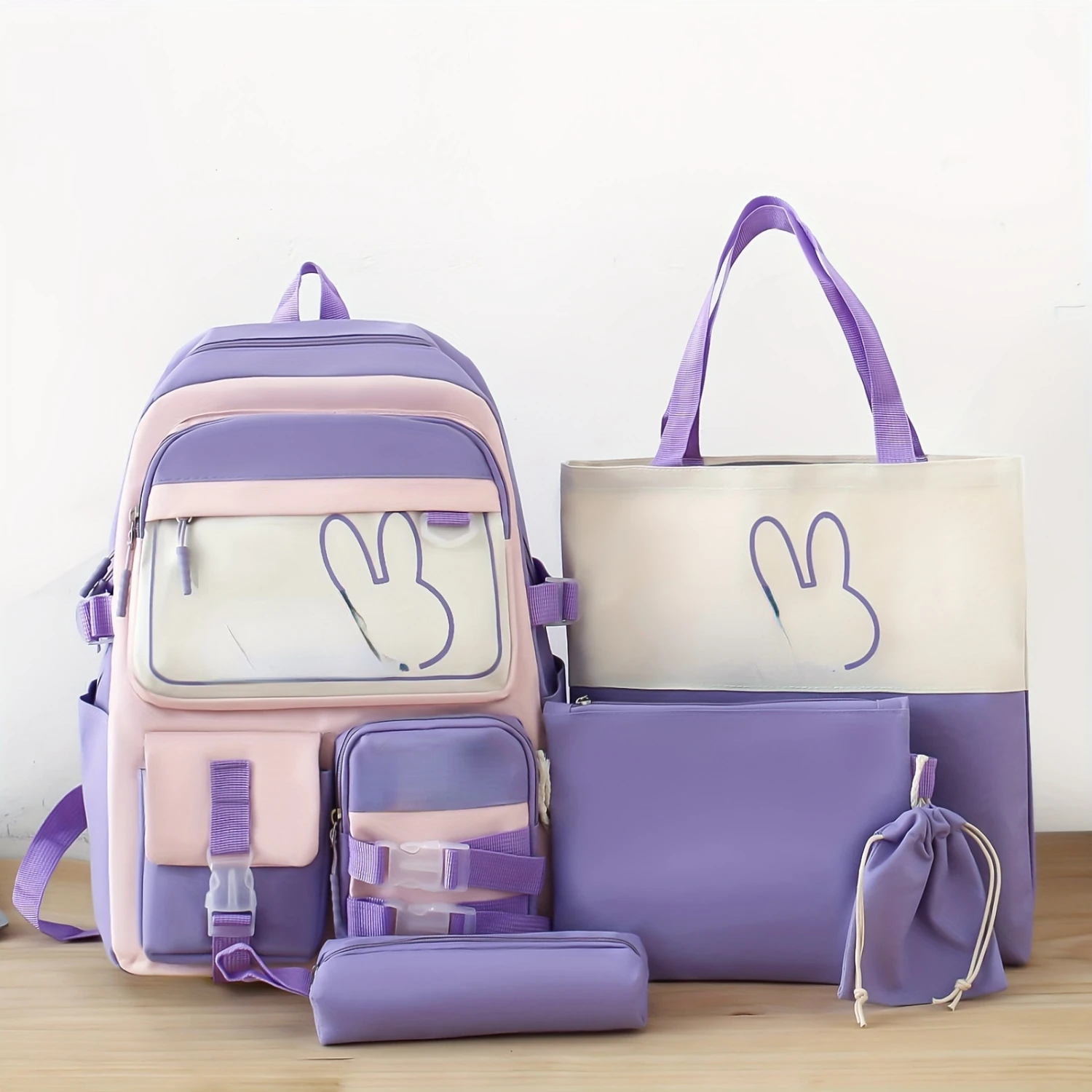 Adorable Rabbit Print Backpack Set - Fashionable School Travel Bags - Tote, Crossbody, Drawstring & Pencil Case