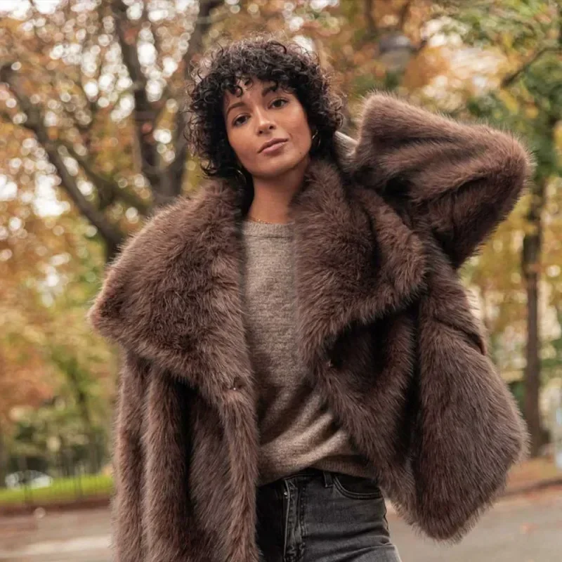 

Winter Vintage Faux Fur Coat Lapel Long Sleeve Solid Thick Jacket High Street Brown Warm Furry Coats 2024 New Lady Streetwears