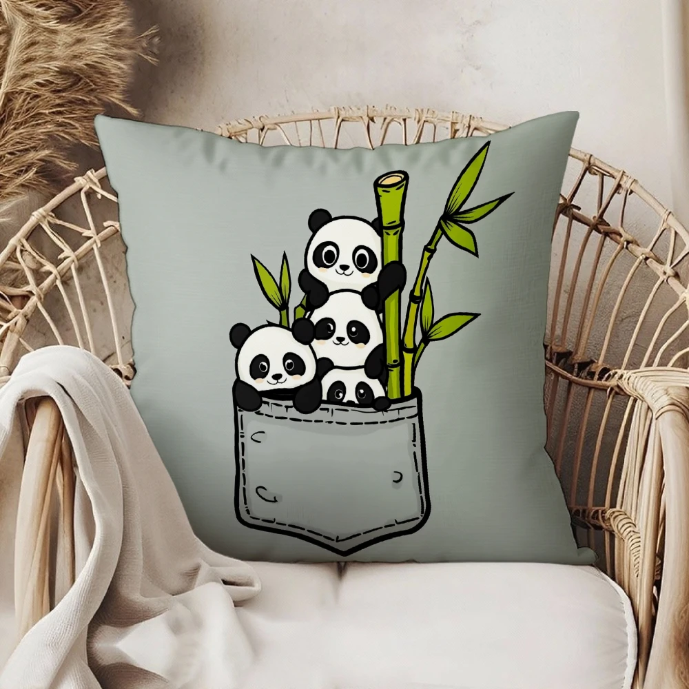 Square Throw Pillow Case Light Green Cute Panda Family In Pocket With Bamboo Print For Living Room Sofa Bedroom Home Decor