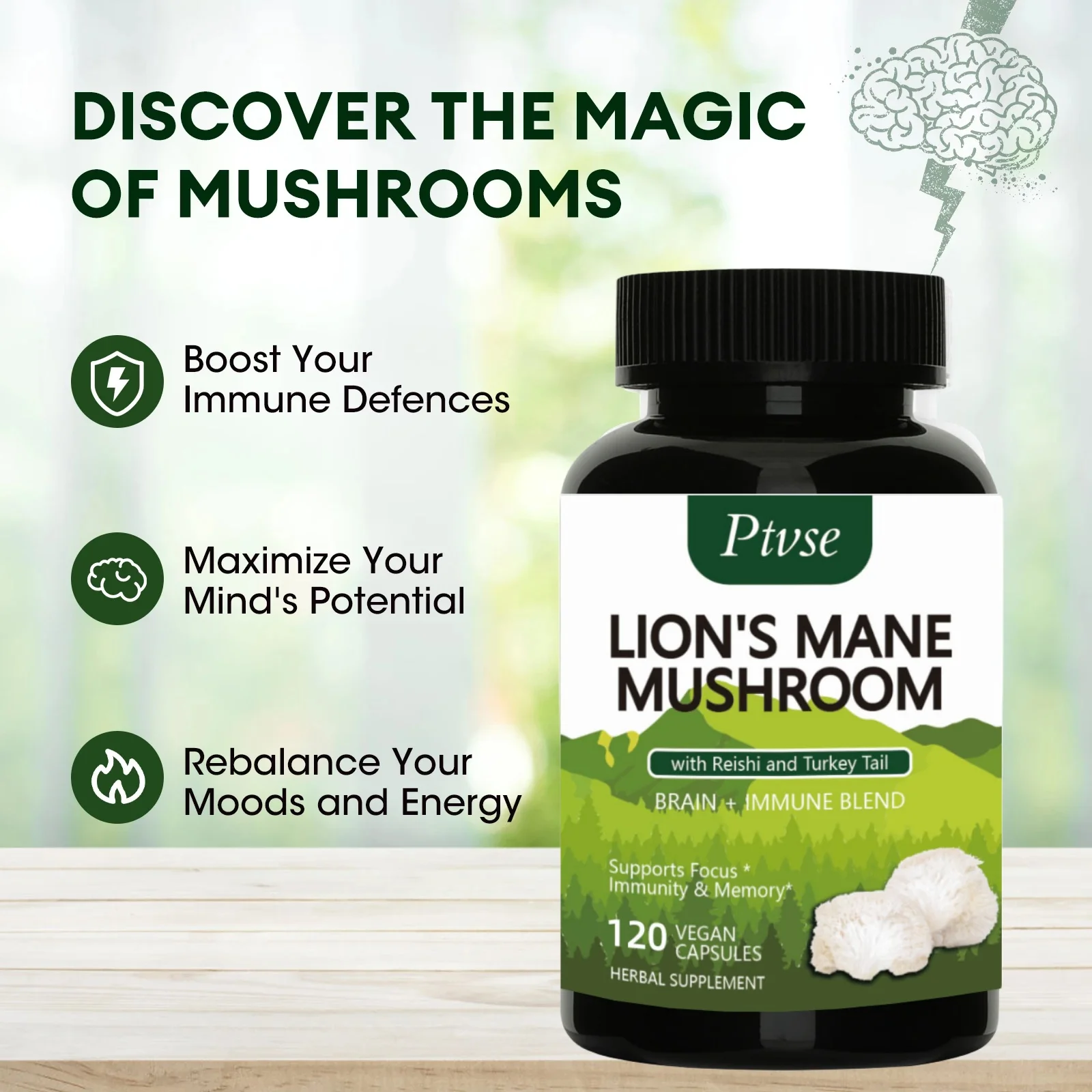 Lion's Mane Mushroom Capsules Brain Nervous System Health and Memory Supplements Immunity Sleep Energy Mood Support