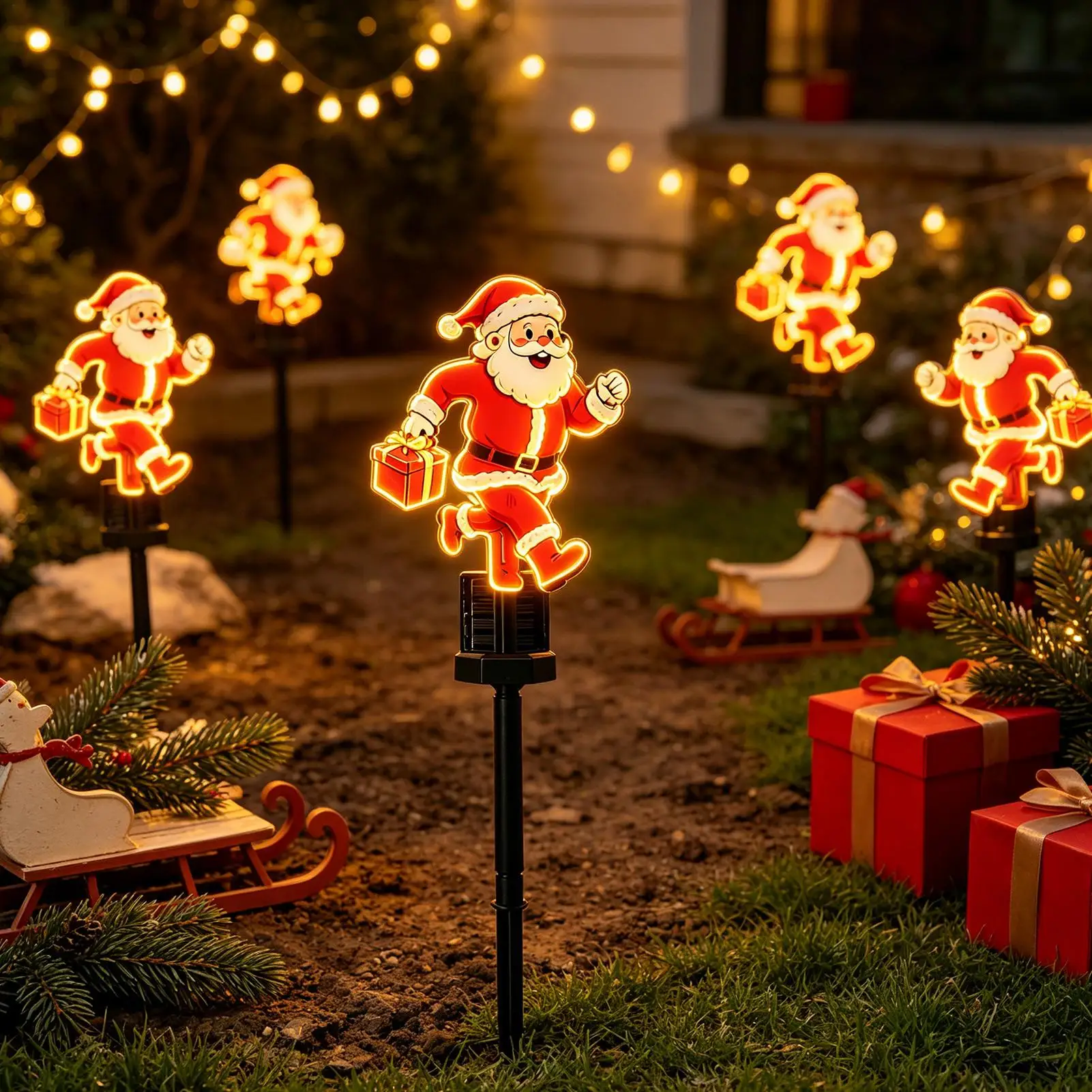 1Pcs Christmas Santa Claus Pathway Lights Garden Stake Lights Solar Powered For Outdoor Xmas Holiday Party Decoration