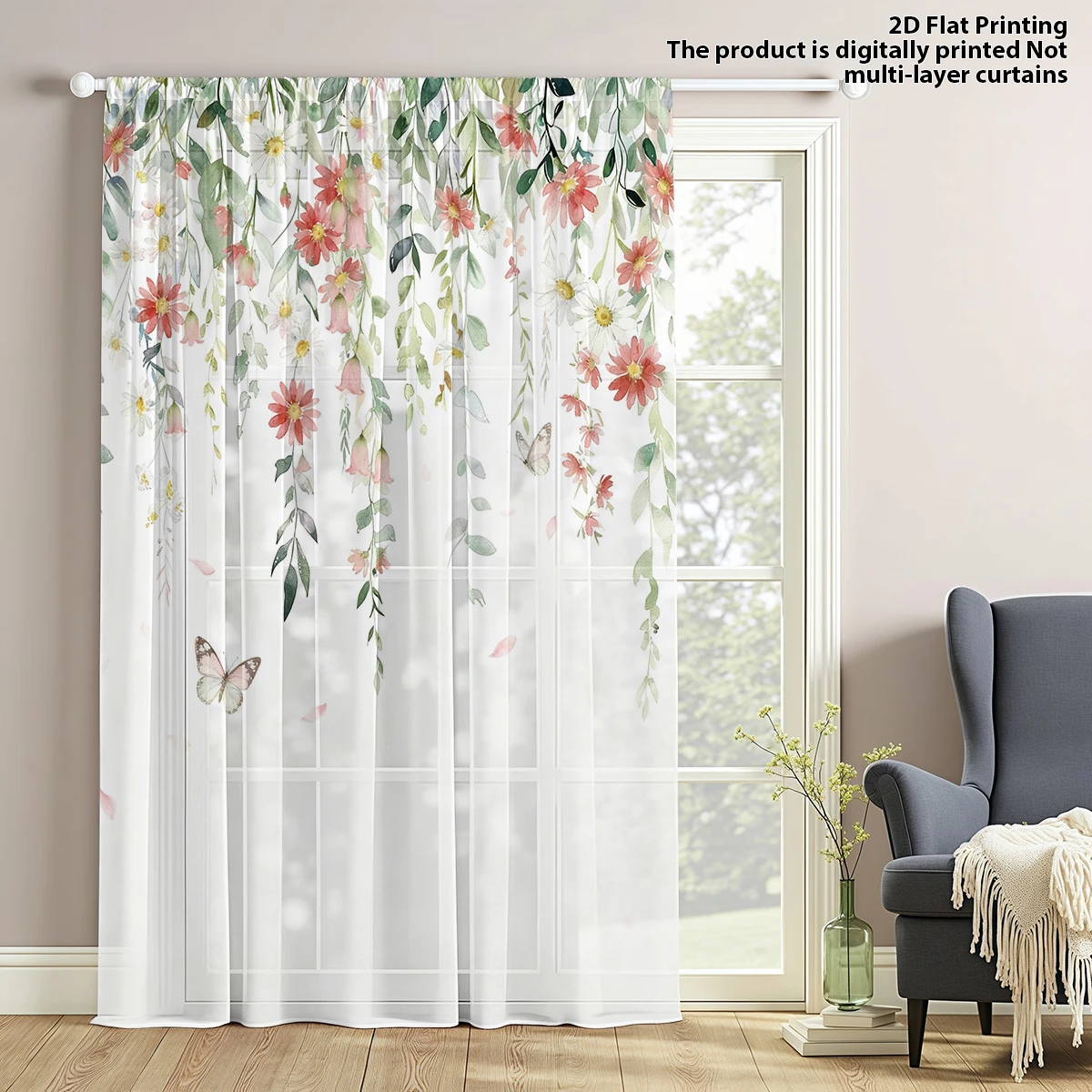 Floral Privacy Sheer Curtain,Asazal Solid Modern Voile for Living Room Balcony Bedroom Decoration, Mother's Day Gift, Removable