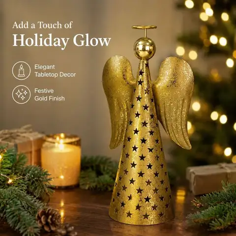 Golden Angel Christmas Figurine, Hollow‑Out Metal Holiday Tabletop Ornament, Xmas Tree Topper Home Decoration