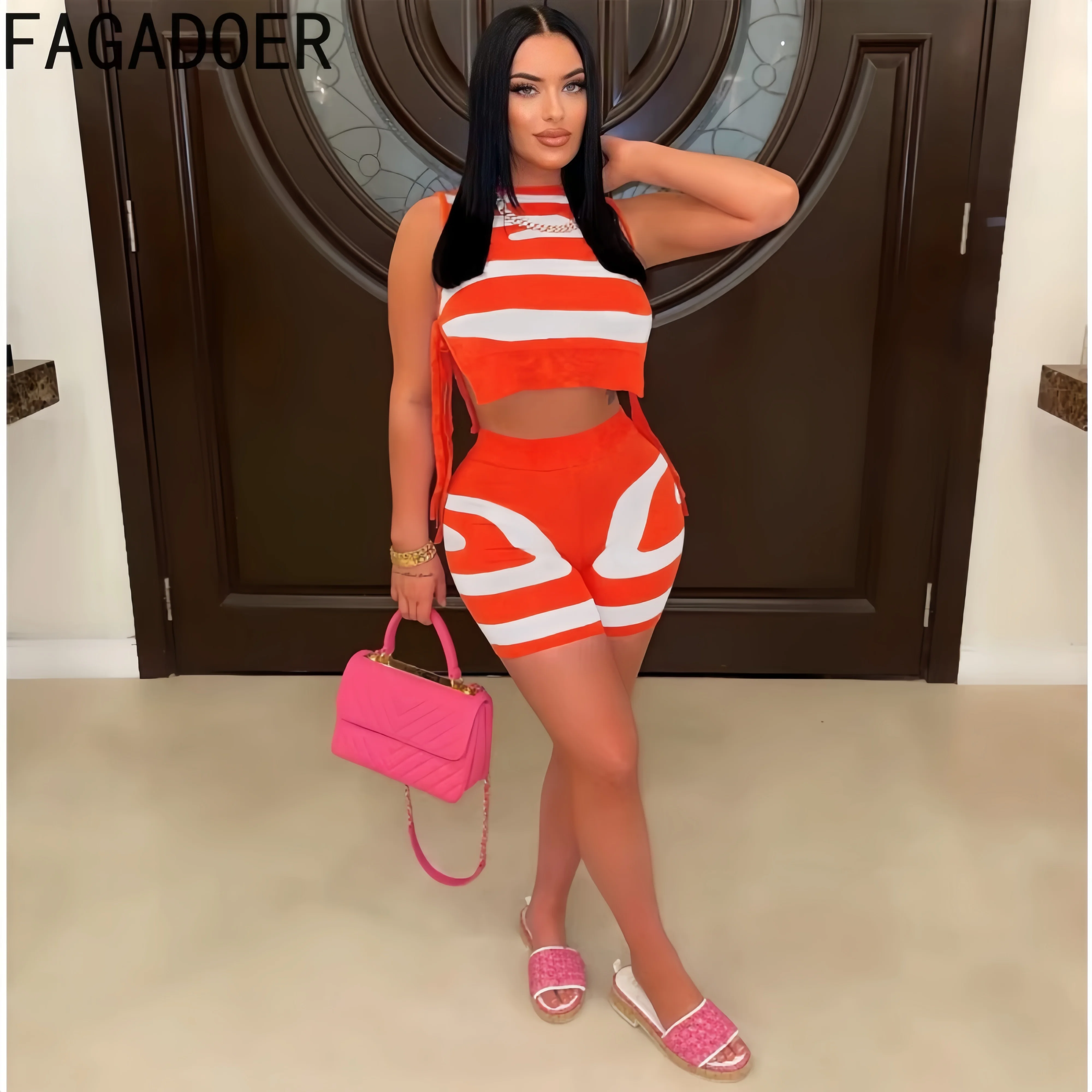 FAGADOER Fashion Printing Knitting Side Lace Up Hollow Out Two Piece Sets Women Round Neck Sleeveless Crop Top And Shorts Outfit