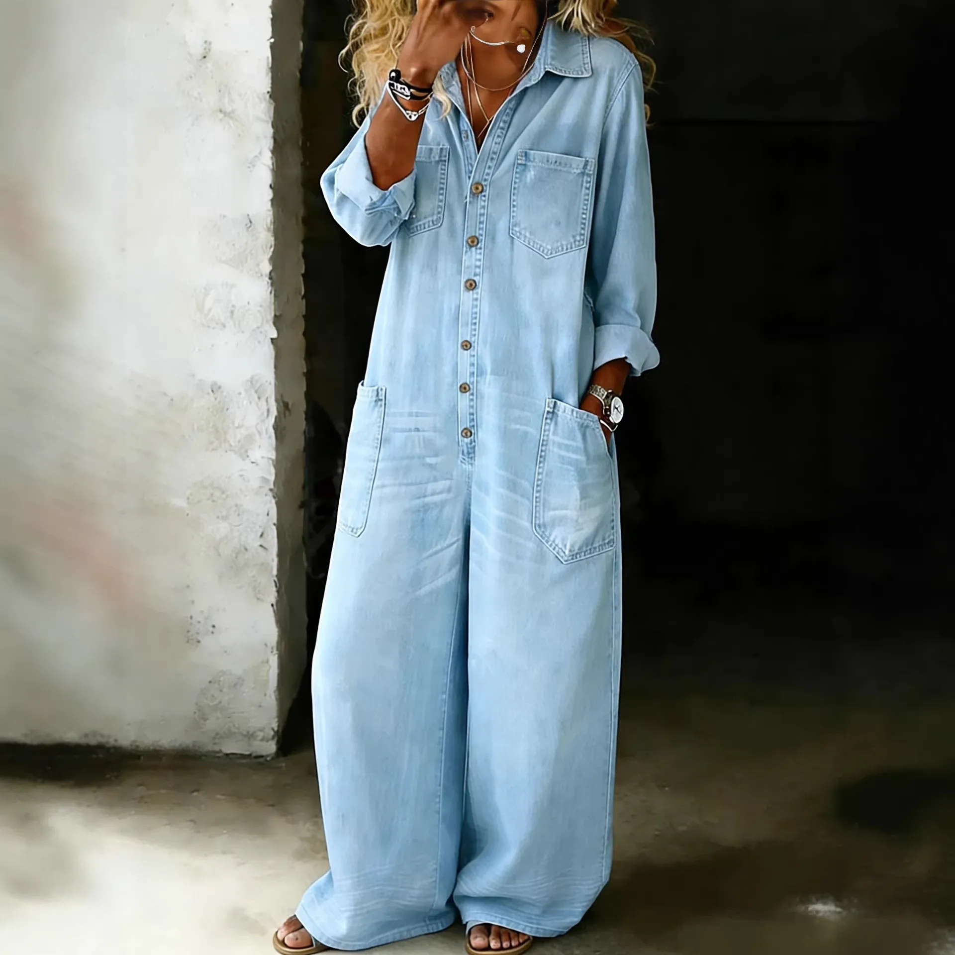 Long Sleeve Pocket Pants Straight Cut Commuter Chic with Elegant Washed Finish Straight Leg No Stretch Spring Women Jumpsuit