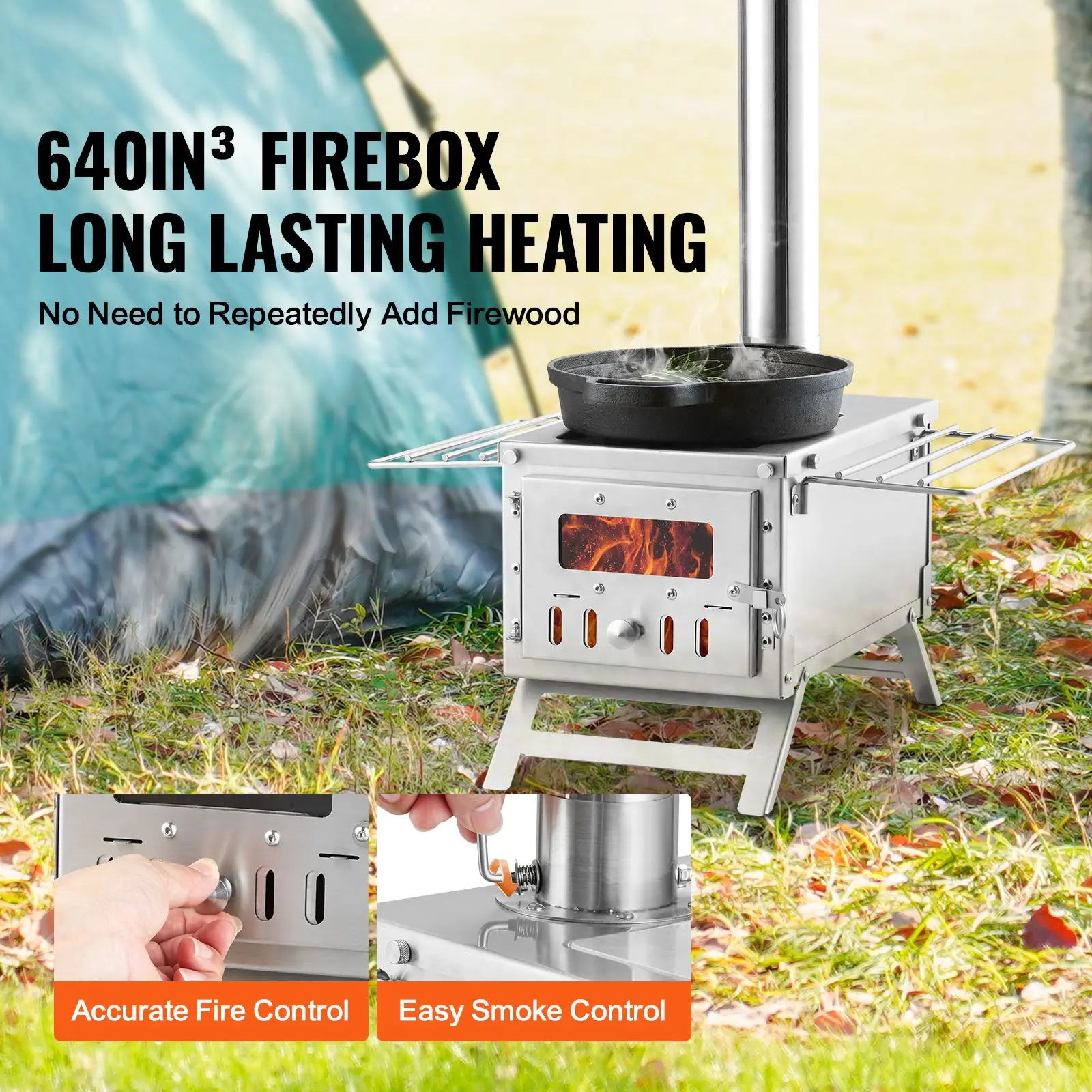 Wood Stove, 80 inch, Stainless Steel Camping Tent, Portable Burning with Chimney Pipes & Gloves, 700in³Firebox Hot for Outdoor