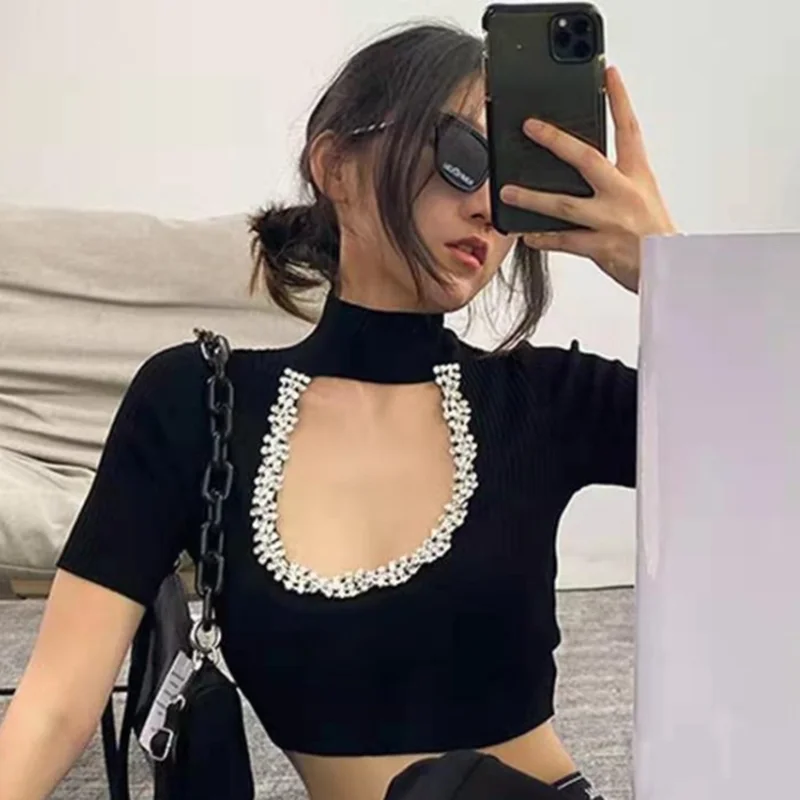 

high collar T-shirt women beaded sexy hollow short knit sweater square collar shirt