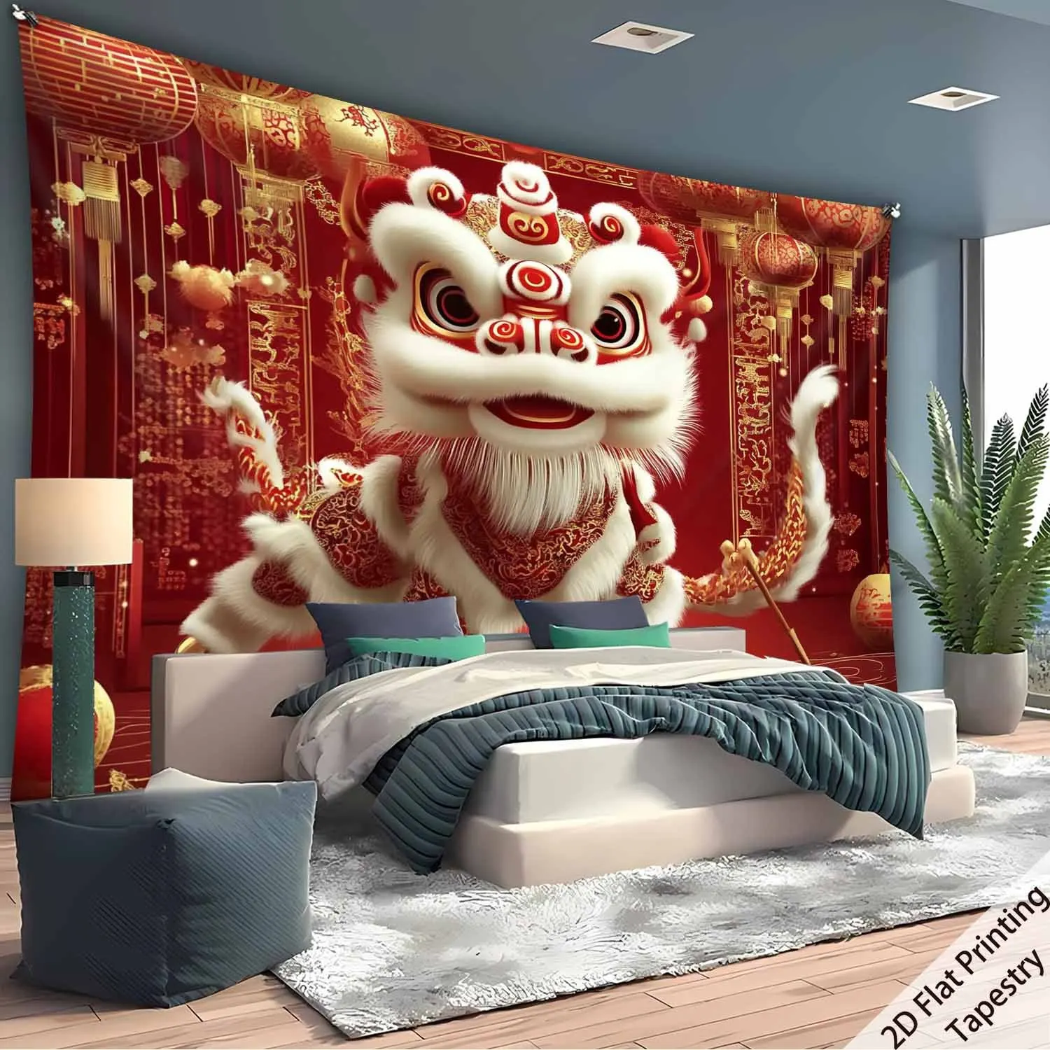 New Year Lion Dance Theme Digital printing polyester wall tapestry suitable for use in living rooms bedrooms offices bars party