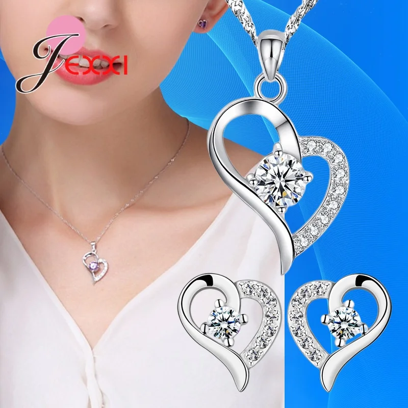 43 Models 925 Sterling Silver Jewelry Sets for Women Wedding Engagement Shiny Cubic Zircon Heart Charms Necklace Earrings