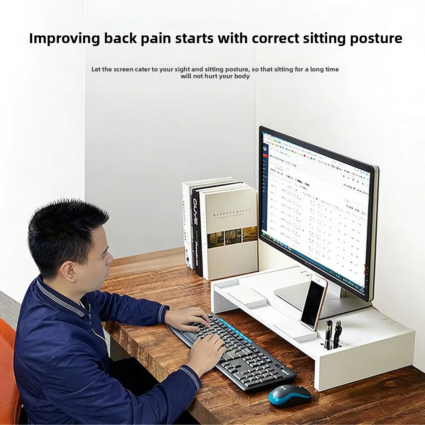 Two Tier Monitor Stand Riser White Desktop Computer Shelf Storage Organizer for Office Home Study Desk Workspace 모니터 받침대