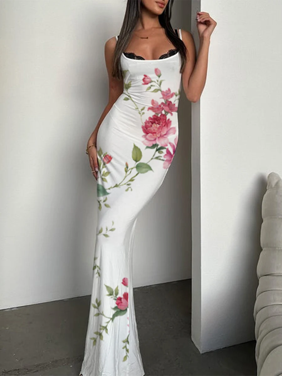 

Women Spaghetti Strap Long Dress Boat Neck Floral Print Backless Slim Fit Summer Sleeveless Dresses