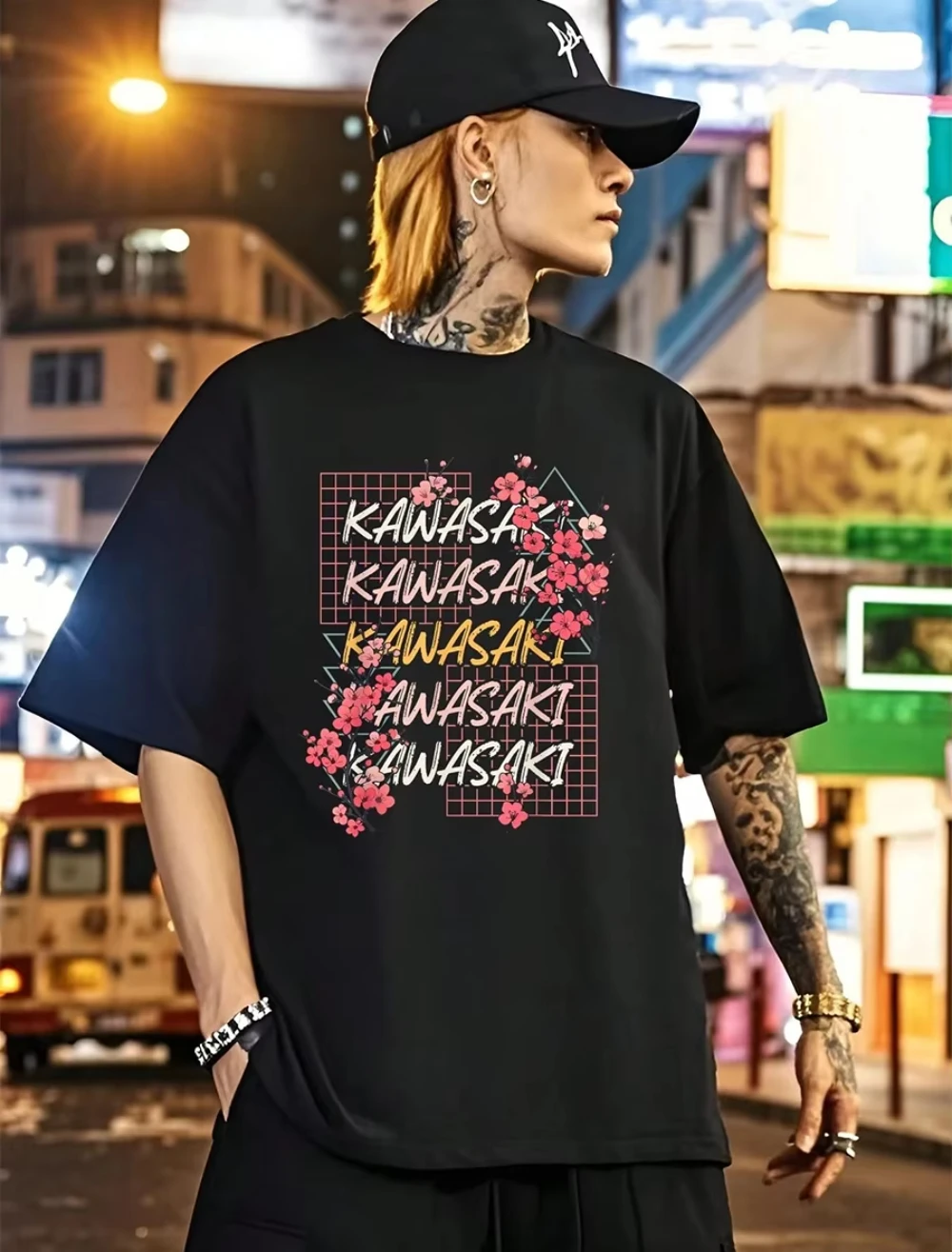 

Kawasaki 80s Cherry Blossom T-shirt Newest Outdoor Jersey Summer Classic Tee Adults Loose Exercise Motorcycle Jersey