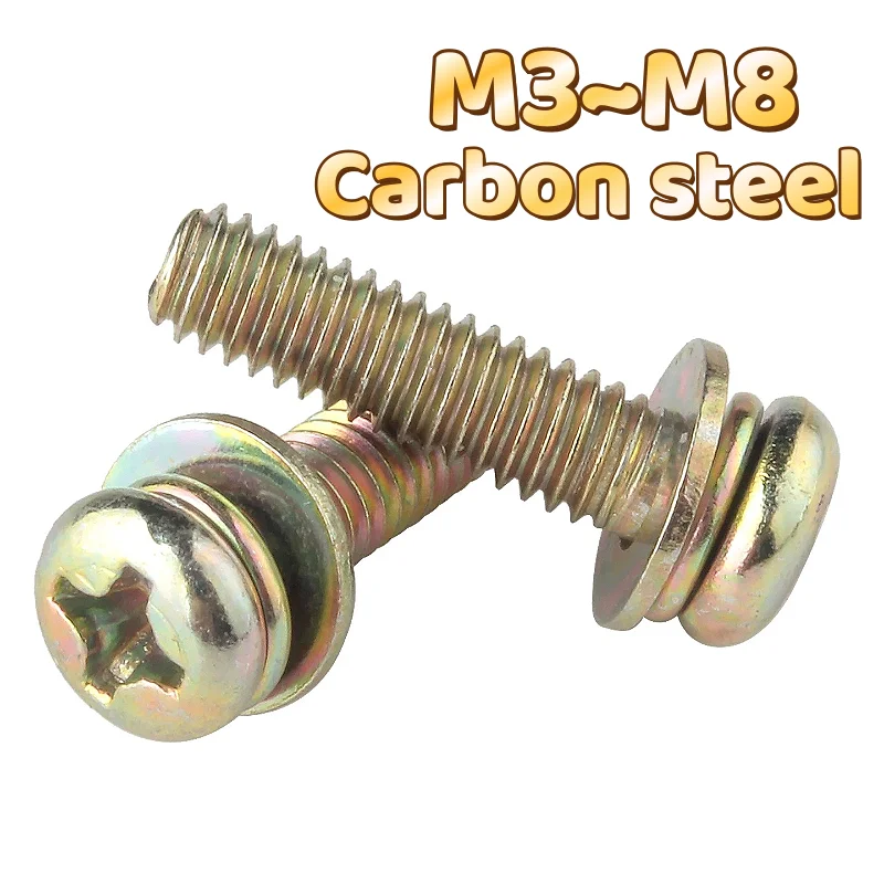 Color Galvanized Carbon Steel M3 M4 M5 M6 M8 Cross Round Head Flat Spring Washer Three Combination Screws