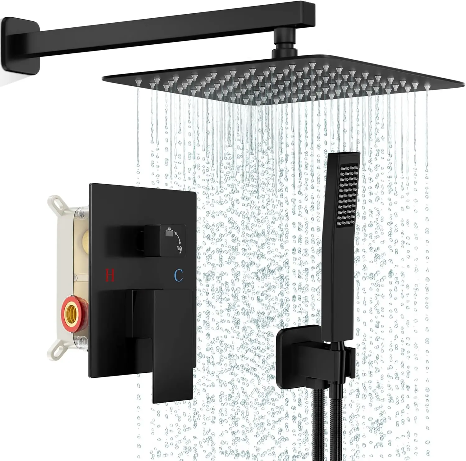

Matte Black Rainfall Shower System with Square Head and Handle, Wall-Mounted Metal Trim Kit
