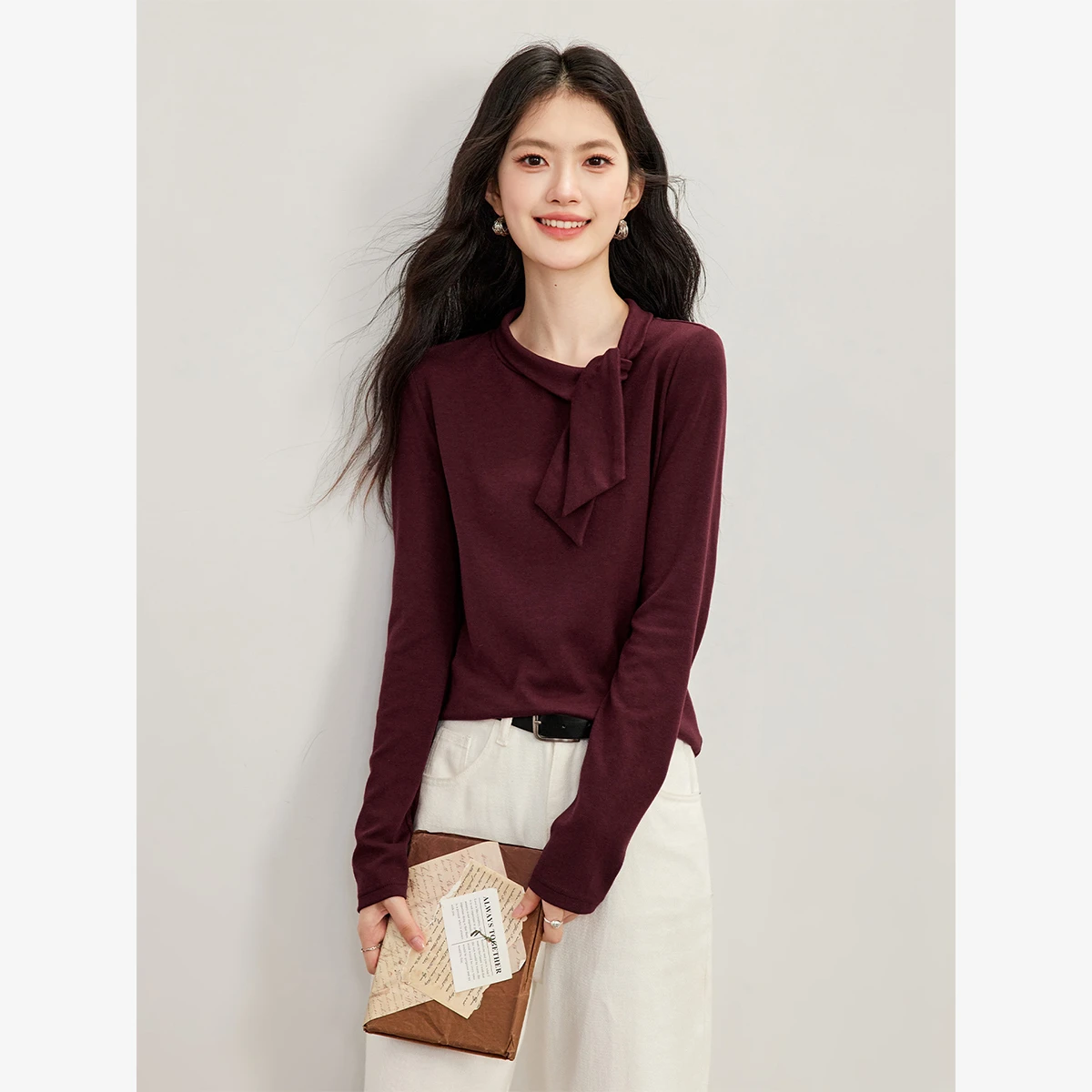 VIMLY Red T-shirt for Women 26 Autumn Elegant Tie Neck Long Sleeve Knit Pullover Fashion Casual Slim-fit Female Top A7566