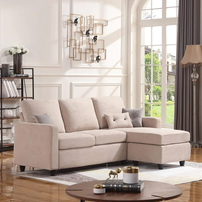 Shaped Couch with Linen Fabric,Convertible, Reversible Sectional Sofa for Small Space, Dark Beige